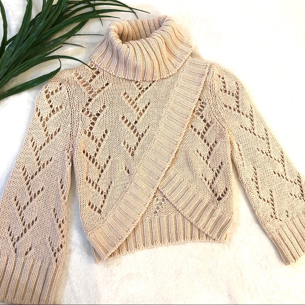 Bebe Cream Crochet Cropped Turtleneck Sweater XS